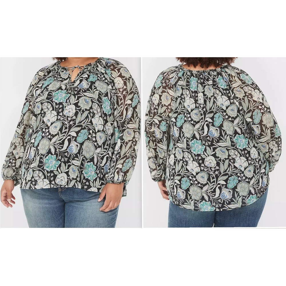 Lane Bryant Women's Top 26/28 Green Multi Lurex Ruffle Floral Sheer Chiffon